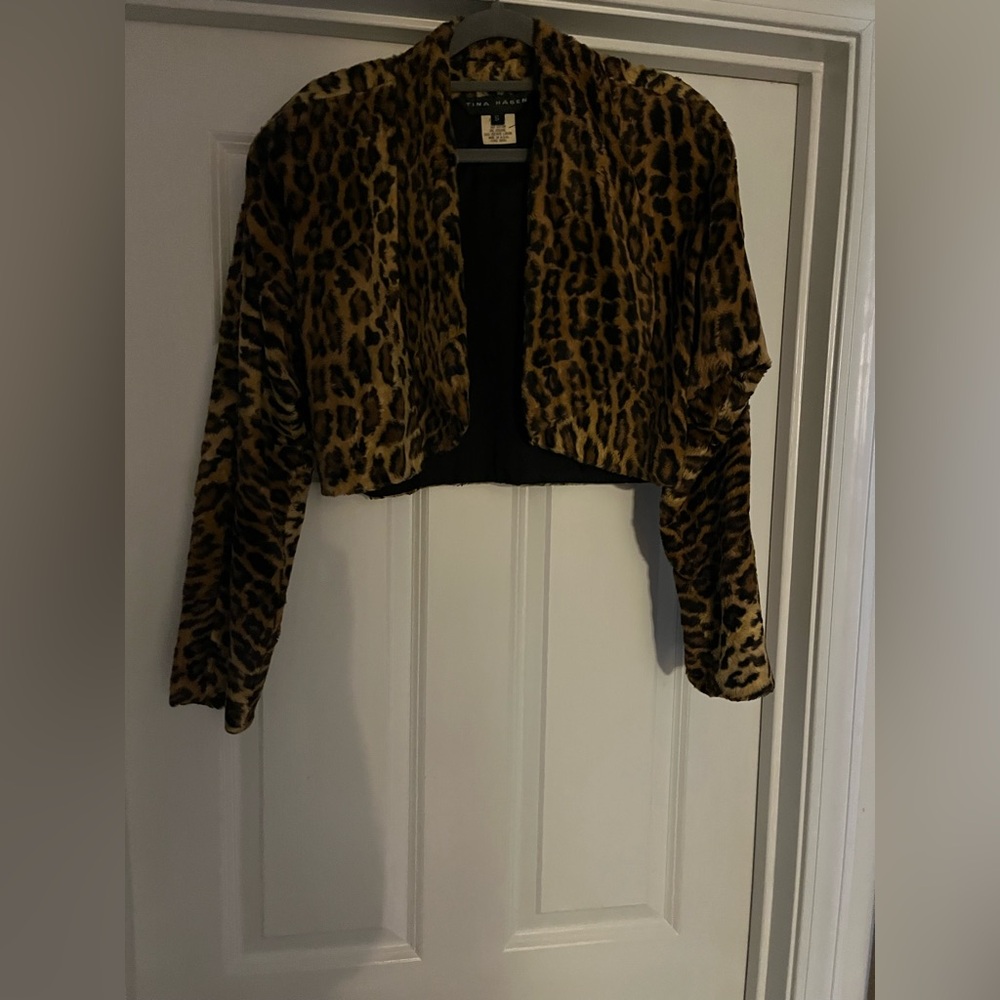 Tina Hagen Leopard Print Bolero Jacket Faux Fur Cropped